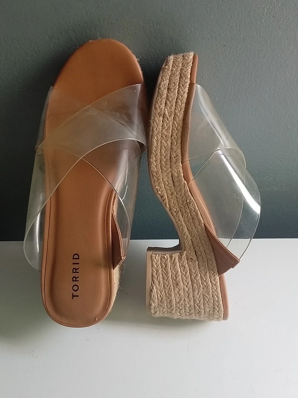 Torrid Clear PVC Crisscross Espadrille Platform Block Heel Sandal Tan Wide Width
